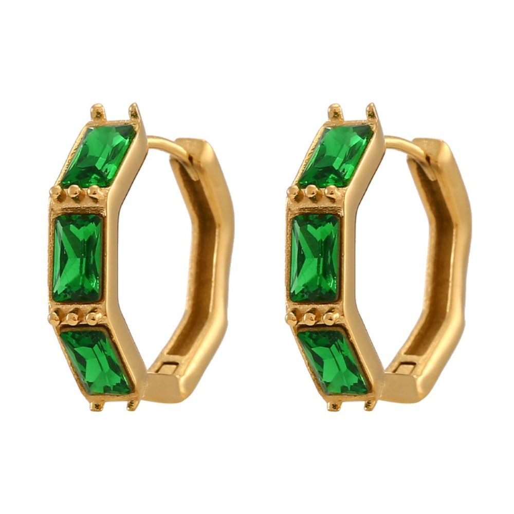 Green Zircon Small‎ Hoop Earrings Bamboo Shape 18K Gold Plated Stainless Steel